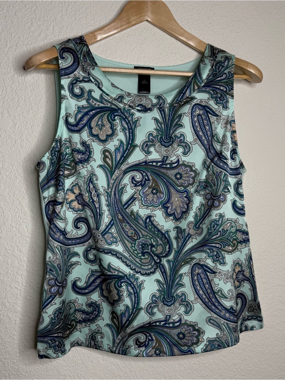 Ann Taylor Petite Paisley Sleeveless Shell Top LP Mint Blue Preppy Quiet Luxury